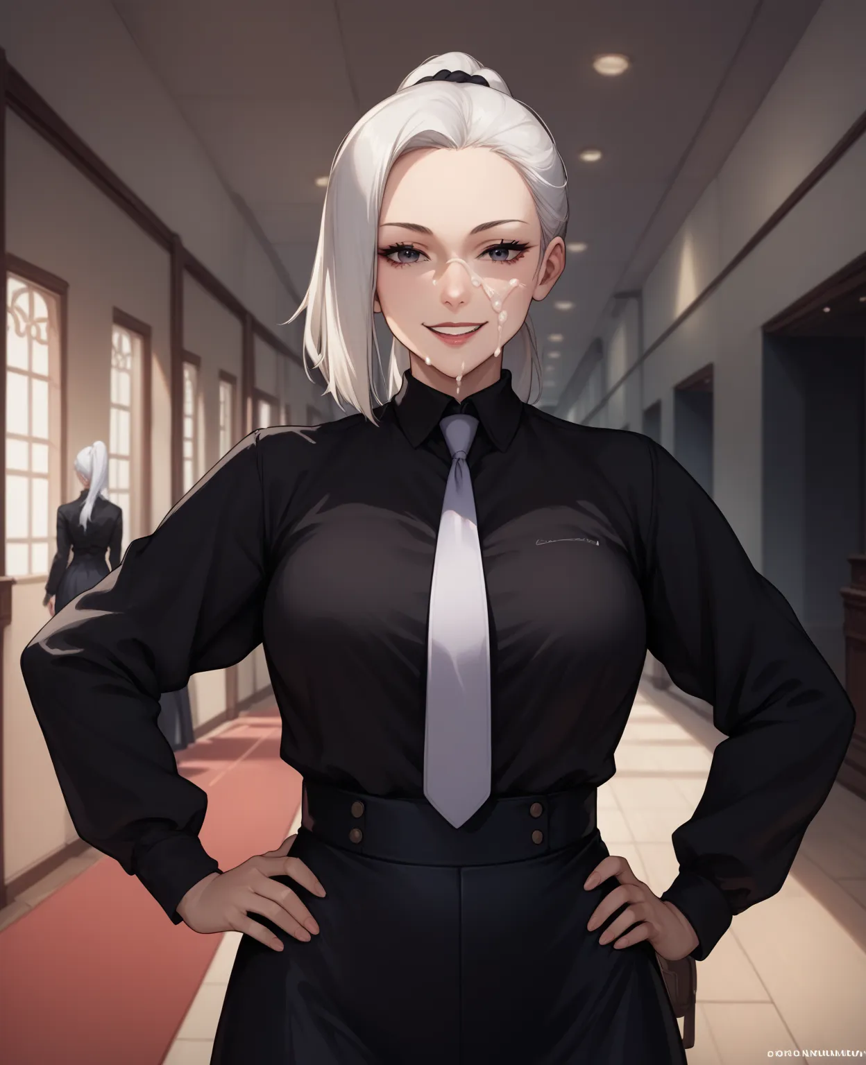 score_9,score_8_up,score_7_up,score_6_up, meimeijjk,  source_anime, 1girl, smile, looking at viewer, facing viewer , cum on face, hand on hip, white hair, ponytail, black shirt, white necktie, long skirt, black skirt, indoors, hallway, upper body, 