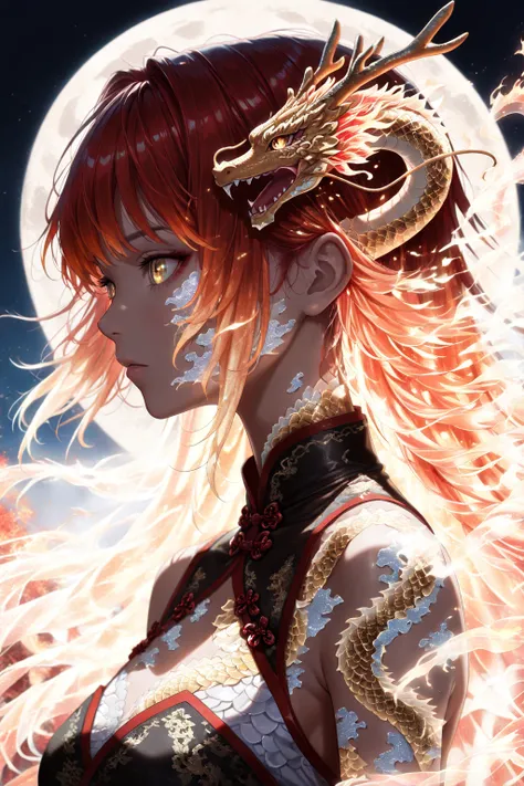 1girl, golden eyes, red hair, long hair, Woman with fire dragon tattoos on her body in front of a full moon, Light novel cover art, chinese dragon scales, Profile portrait of anime girl, Pale orange and light red atmosphere, Bioluminescent skin!, Dark cute...