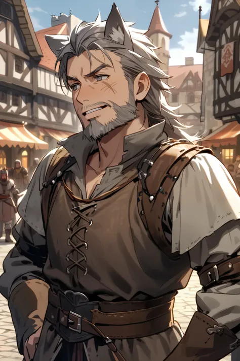  medieval times , male middle-aged man,  short gray hair,  short beard on the cheeks, Wolf ears above head,  scars on the face , Town square, Light leather clothes