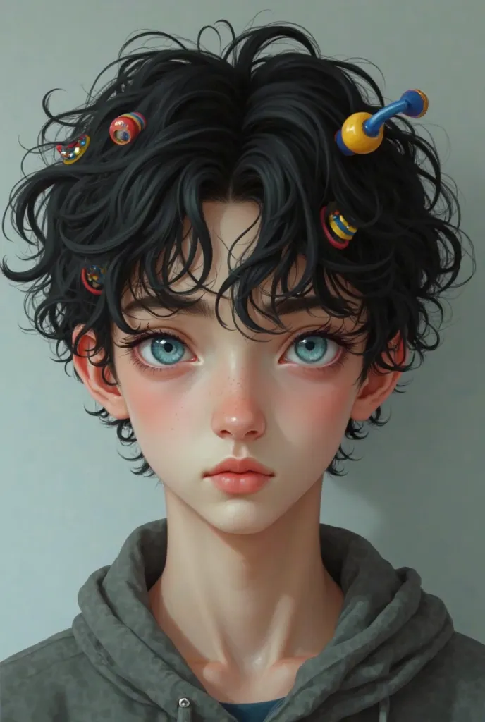 Teenage 15-year-old black-haired male with curlers and light blue eyes
