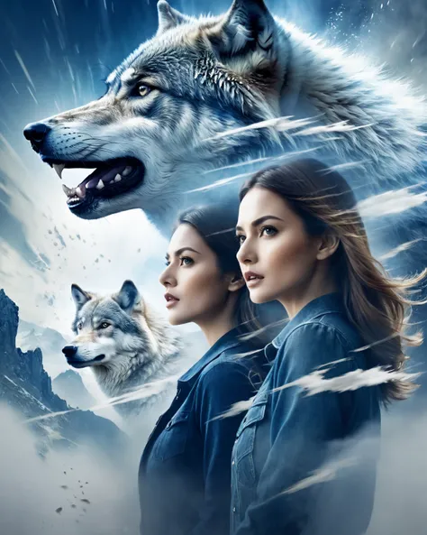 (   double exposure ), 1 Beautiful woman, 1 man behind the wolf,  Cinema style, poster realistic quality, dynamic style, below explosion scene,  navy blue , 