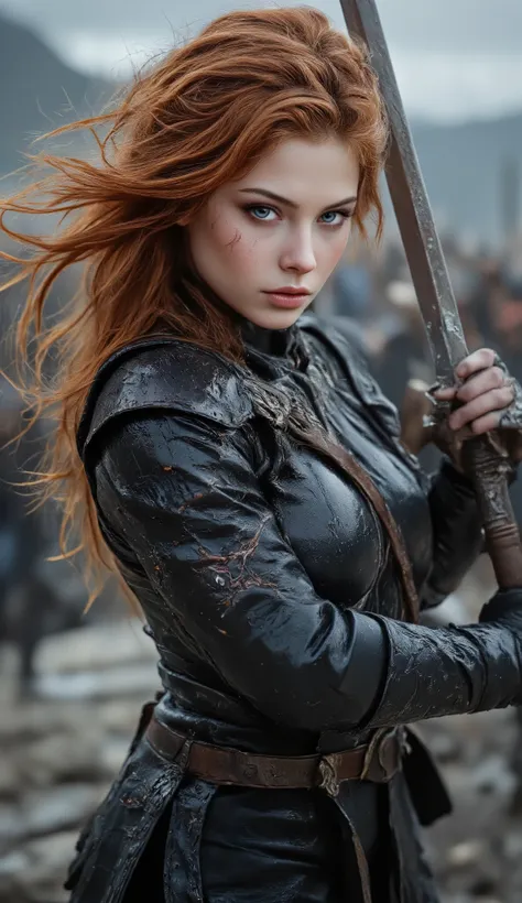 1girl, Red-orange Hair, brown hair, messy hair, Blue eyes, bright blue eyes, High Resolution, Beautiful, Tall fit perfect body, fit muscular, long legs, powerful Goddess, viking queen warrior, wearing leather body armour, fantasy high fae woman, wearing bl...