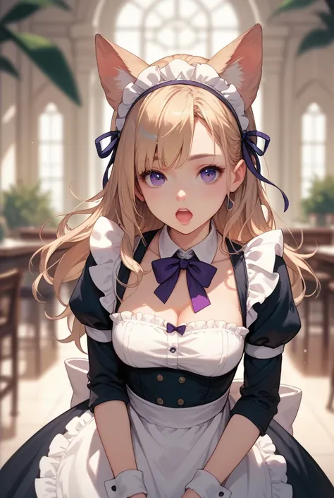  long hair,  blue eye, Open your mouth, Animal ears,  purple eyes, Maid headband,  depth of field ,  image multi-sided view , 