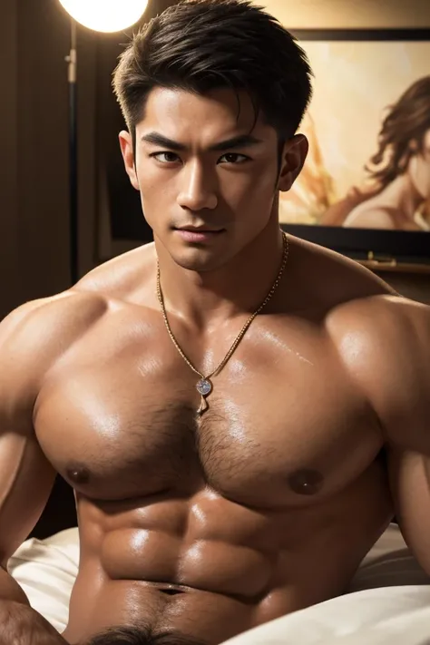  muscular japanese male bodybuilder in his 20s lay down on bed, intense orgasm expression, hairy chest, beautiful detailed eyes, beautiful detailed lips,necklace，extremely detailed face, longeyelashes,extremely sweaty (best quality,4k,8k,highres,masterpiec...