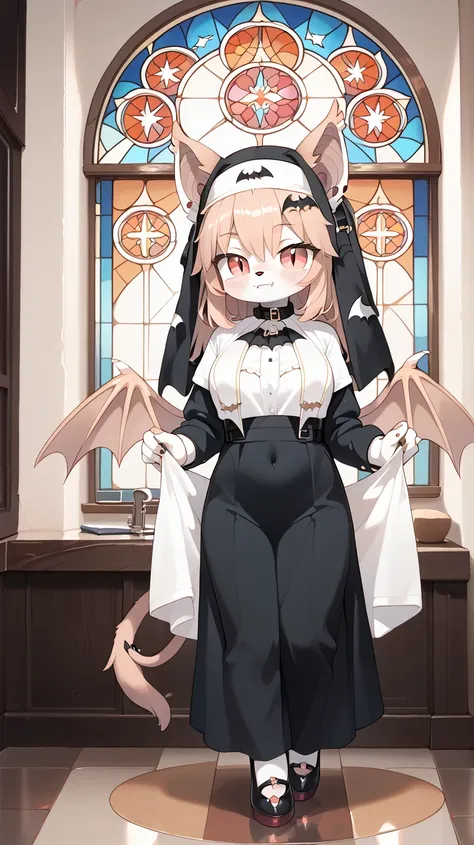 ((((anthropomorphic)))), ((((bat)))), ((((bat body fur, bat ears)))), (((bat eyes))), (((bat tail))), (((full body))), ((catholic girl)), ((catholic girl clothing)), (catholic stained glass window background)