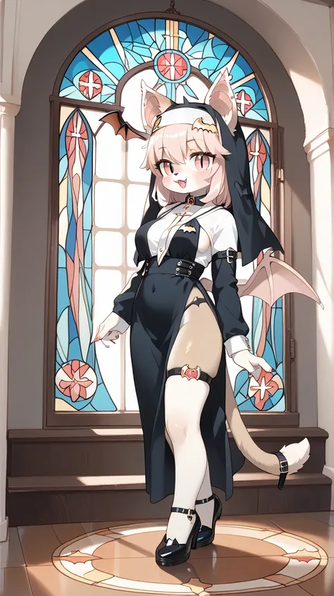 ((((anthropomorphic)))), ((((bat)))), ((((bat body fur, bat ears)))), (((bat eyes))), (((bat tail))), (((full body))), ((catholic girl)), ((catholic girl clothing)), (catholic stained glass window background)