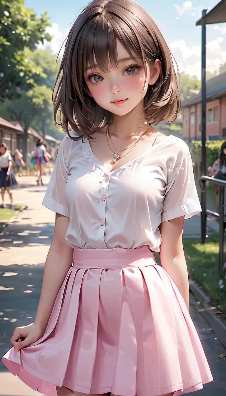  cute女の子、 in a white blouse、 necklace、Fluffy skirt 、 cute、赤い頬、 School Grounds 、 realistic、 high definition、 high quality