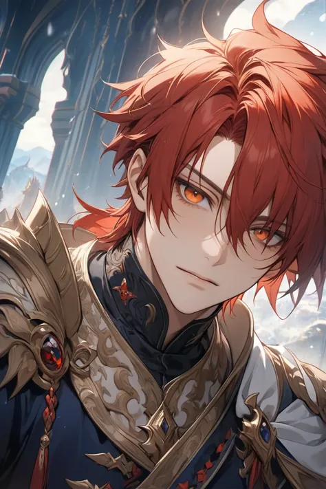 anime boy, handsome face, cold gaze, red hair, orange eyes, prince style, fantasy kingdom background, (sharp eye details), sharp face details), (body details), (make clear and good pictures), (make 4k and 8k pictures), (masterpiece)