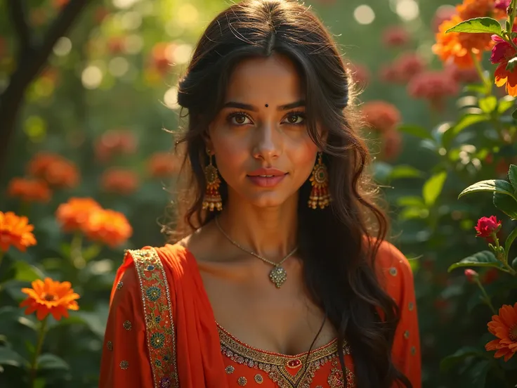 A garden hosted on Youtube with a beautiful Indian Punjabi girls looking front. Very beautiful. realistic look .low light background 