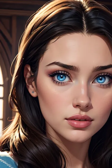 A portrait of a beautiful female whose facial features are a combo of Katherine Langford + Sophie Thatcher. The female has long black hair and blue eyes. The female's hair is untied and hangs loose. The female has lovely makeup on her face. Symmetrical eye...