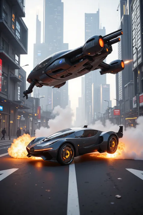 (best quality,4k,8k,highres,masterpiece:1.2), ultra-detailed. Two hovering vehicles can be seen in the broad daylight. <lora:hk-m223c,mad-srgns,rifle: Suddenly, one of the vehicles opens fire on the other with a futuristic cyberpunk automatic weapon. The ...