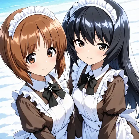  high resolution,  best quality,  Super Quality  ,  two girls、smile、(Reizei Mako、  white hair band, black hair、 Brown Eyes, long hair）、Nishizumi Miho , 綺麗な Brown Eyes, Attractive brown eyes、 brown beautiful hair, bob cut )、 Maid Outfit、 (ビクトリア朝 Maid Outfit...