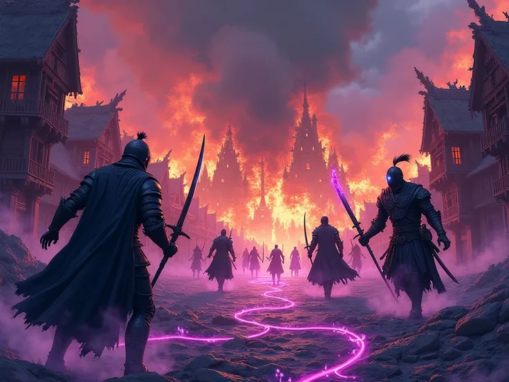 Burning villages attacked by warriors, purple veins, medieval anime style 