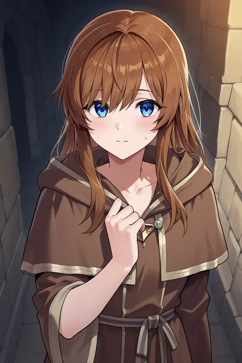 Create a light novel-like image, a man who wears the uniform of an underground shelter and wears a damaged and dirty brown robe, He's looking at a woman with medium brown hair and blue eyes, She wears an explorer's robe and clothes