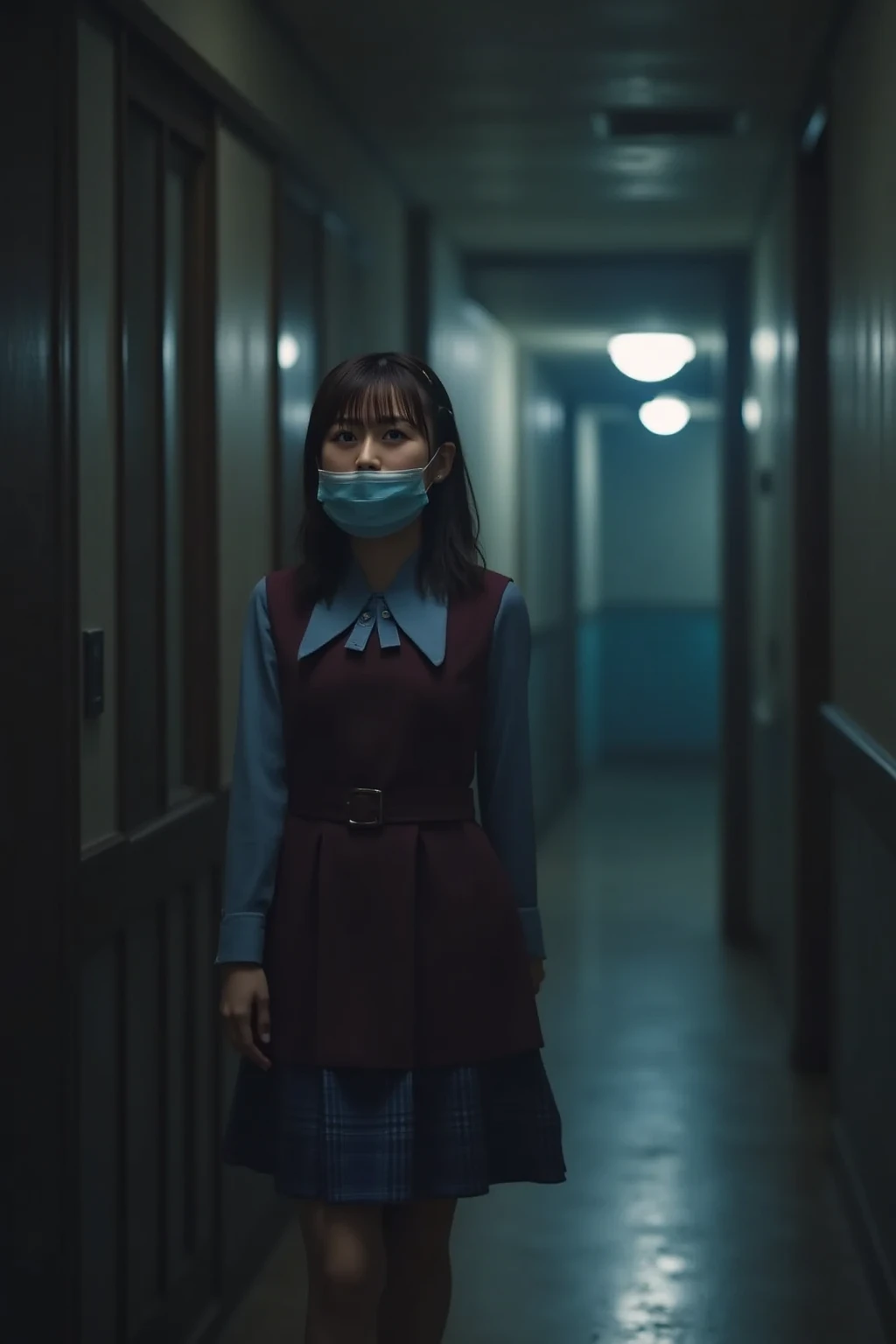 "A Japanese woman in a school uniform, walking through a dimly lit corridor of an old school at night. She suddenly turns a corner and is faced with the terrifying Kuchisake-onna, a woman with a grotesque, wide mouth, hidden under a surgical mask. The woma...