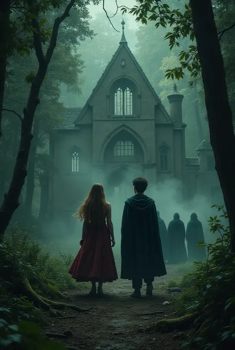 a guy and a girl are standing in a dark forest where there is a destroyed palace and there are people in dark robes near the palace,a girl with long brown hair, green eyes and a guy with blue eyes and black wavy hair they fight with people in dark robes,ex...