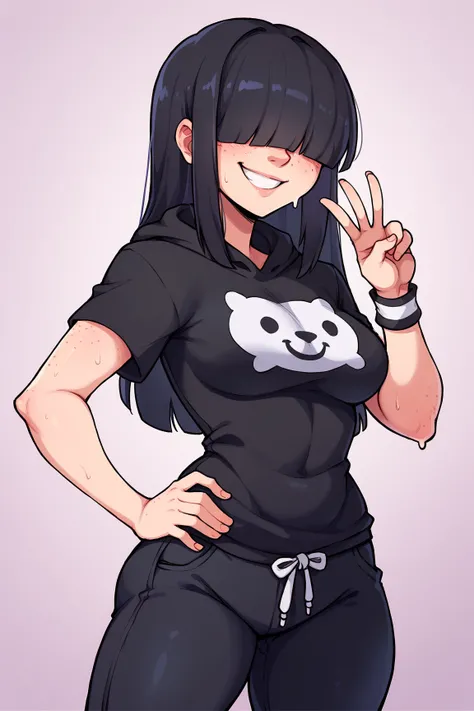 1girl, solo, v, lavender background, medium breasts, black hair, hime cut, long hair, hair over eyes, seductive smile, looking at viewer, freckles, black hoodie, short sleeves, presenting, half body, hand on hip, black sweat pants, spiky wristbands,
master...