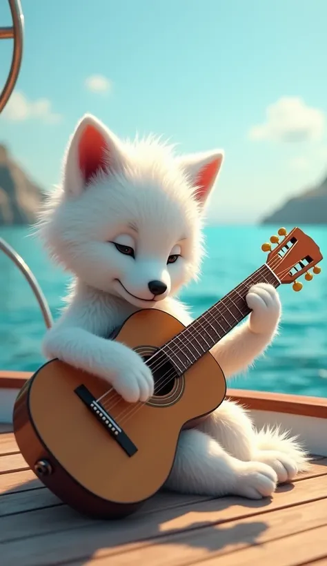 baby white wolf playing guitar on boat, sea