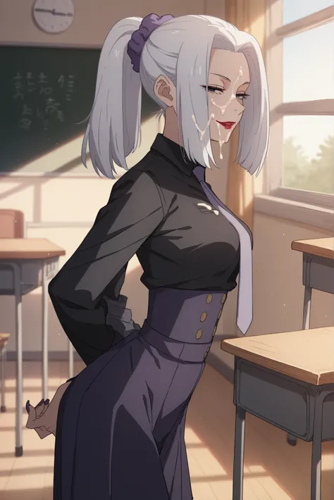 score_9, score_8_up, score_7_up, score_6_up, score_5_up, score_4_up, BREAK source_anime, 1girl, solo,
ChopioMeiMei, white hair, looking at viewer,
medium breasts, purple nails,
medium hair, high ponytail, sidelocks, hair scrunchie, parted bangs, purple eye...