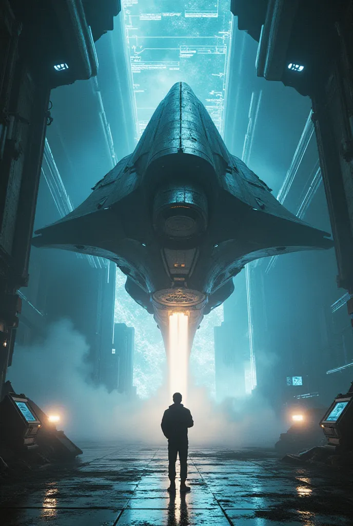 A futuristic alien ship, metal surface reflecting laboratory lights, taking off from a secret underground platform, the protagonist in the foreground protecting himself from the wind while watching the ascent, energy waves distorting the air around it, hol...