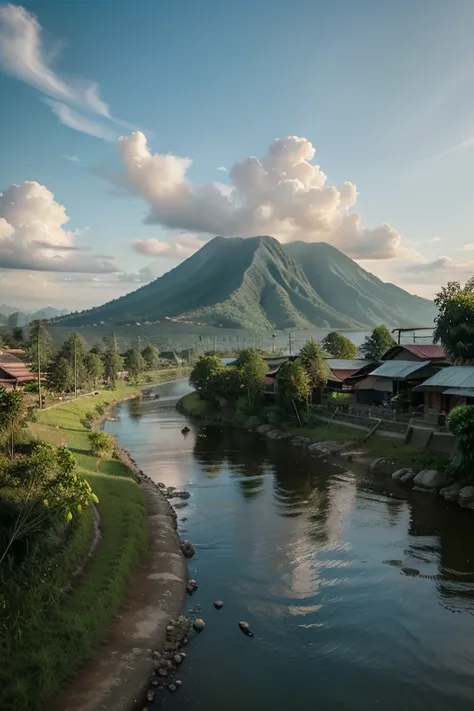 The atmosphere of ren playing in rural Indonesia against the background of mountains and rivers