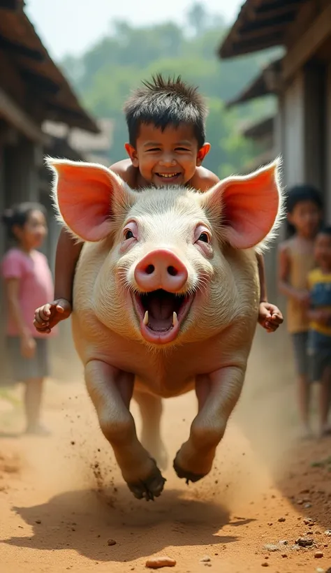 "A small boy with an intensely excited and overjoyed expression clings tightly to the ears of a massive, fast-running pig. The pig has its mouth wide open, with a long tongue flapping wildly in the wind, its large eyes filled with energy, and its exaggerat...