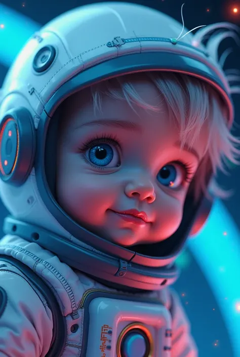 (Close-up of a better masterpiece:1.5)0.9], (Space and astronauts:1.2) (Messy silver hair:1.1) (Heterochromia xanthochromia and blue eyes:1.2) (Space Helmet:1.0) (Colored stars inI can create an image of small babies dancing at a futuristic, high-tech part...