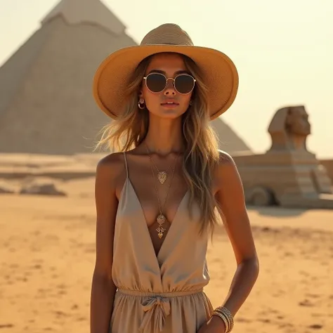 A hyperrealistic image of Valeria Moreau, a 24-year-old French woman with deep brown eyes, glowing sun-kissed skin, and long ash-blonde wavy hair. She stands gracefully in front of the iconic pyramids of Giza

Valeria is dressed in an elegant shorts and to...