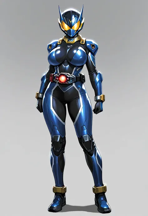 Top quality, powered suit,woman, sexy,full-face , full face helmet,covered mouth, full body,from front,curvy,large breasts,standing,metal collar, rider belt