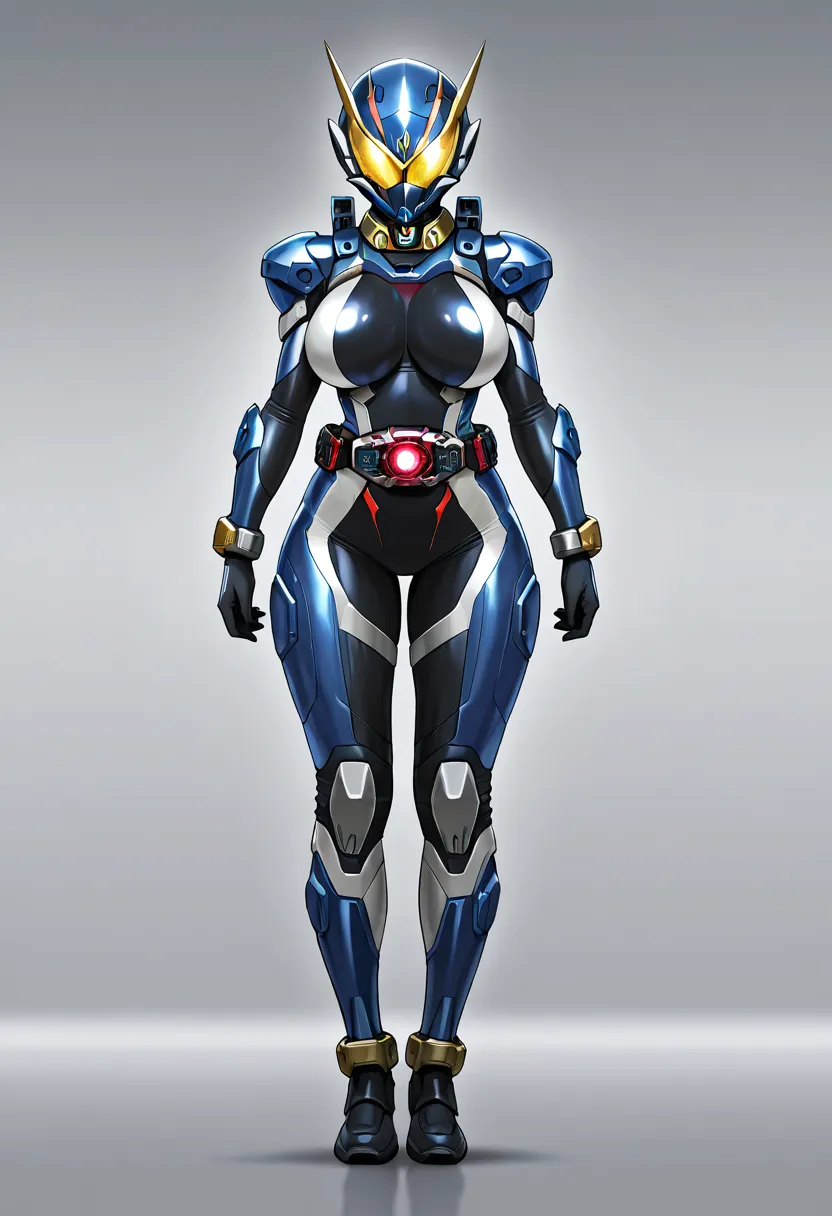 Top quality, powered suit,woman, sexy,full-face , full face helmet,covered mouth, full body,from front,curvy,large breasts,standing,metal collar, rider belt