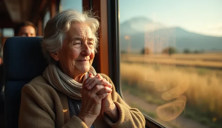 An ultra-realistic image of an elderly woman with deep smile lines, graying hair neatly tucked under a soft scarf, and hands gently clasped together in prayer, sitting by a train window. She has a peaceful smile as she whispers a quiet prayer, her eyes sli...