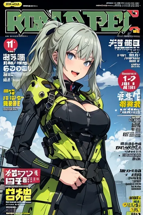 (from below:1.2, best quality ),1girl, solo, perfect, best quality, masterpiece, beautiful, pretty,female orbital drop shock trooper, green combat suit, futuristic body armor, large breasts, cleavage, cargo pants, long brown hair, ponytail, blue eyes, tact...