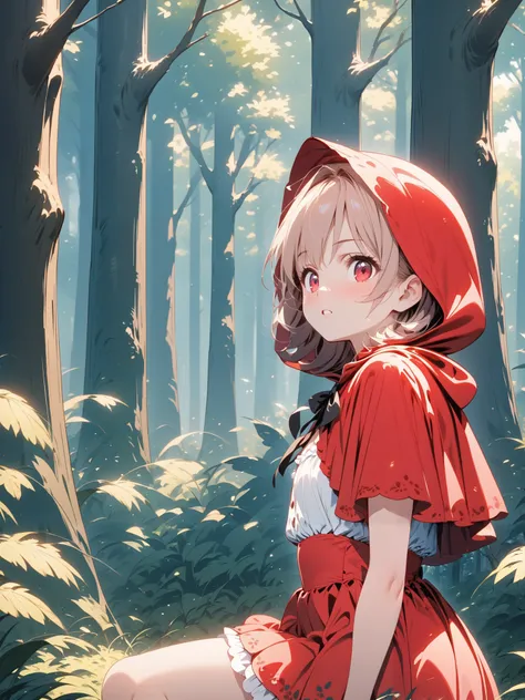  Little Red Riding Hood girl, Alone,  in the background in a dense forest ,  alert ,  miniskirt,  knee shot,