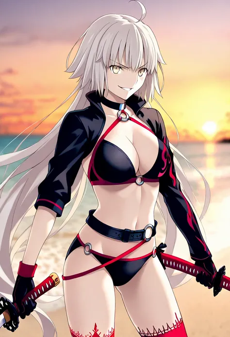 perfect anatomy, best quality, blurry background, mixed media, photo background, BREAK, realistic colors, female focus, 1girl, jeanne alter (swimsuit berserker) (fate), large breasts:1.7, long hair, ahoge, grey hair, yellow eyes, choker, o-ring, black biki...