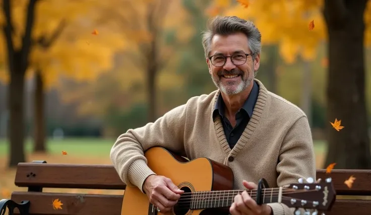 A middle-aged man with glasses and neatly styled hair sits on a rustic wooden bench in a serene autumn park, holding an acoustic guitar. He wears a warm beige sweater over a dark shirt, exuding a calm and thoughtful expression. Golden leaves fall gently ar...