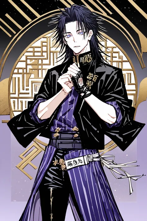 appearance:

Kingji es un joven delgado pero bien definido,  with a relaxed and confident posture . His hair is dark blue with violet reflections,  combed in messy tips , and a long temple framing his sharp face. His eyes are a deep gold, with a cold and c...