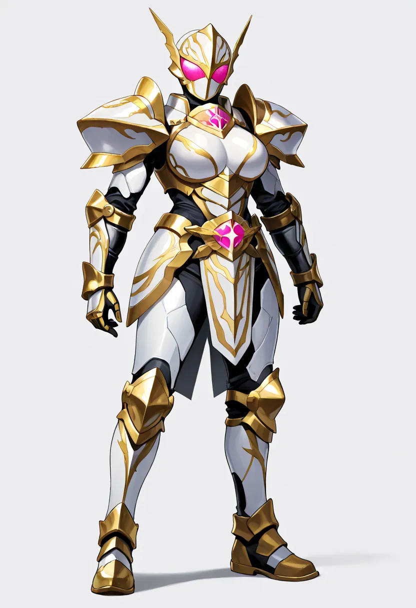 Top quality,  full body, standing, from front,looking at viewer, white background. no human features,An Angel-like female humanoid monster,large breasts,, perfect body,non-human features,no human face,holy armor,