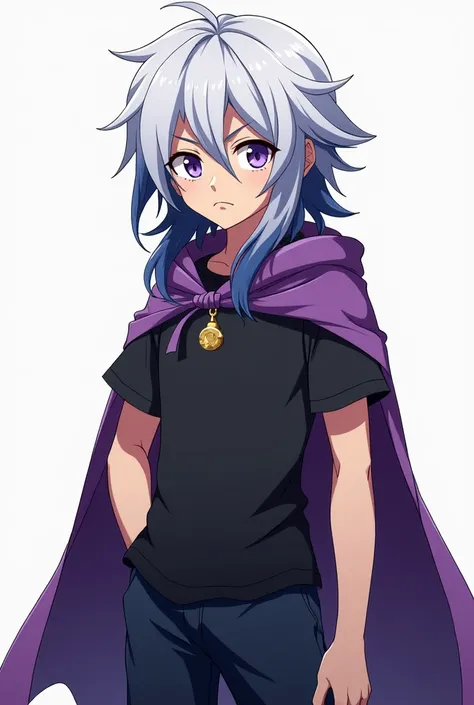  14-year-old boy , Voltron style image animated series, long and messy white hair with dark blue locks, blue eyes mixed with purple, a black t-shirt and pants, with a purple cape on top, expression of seriousness and calm pose