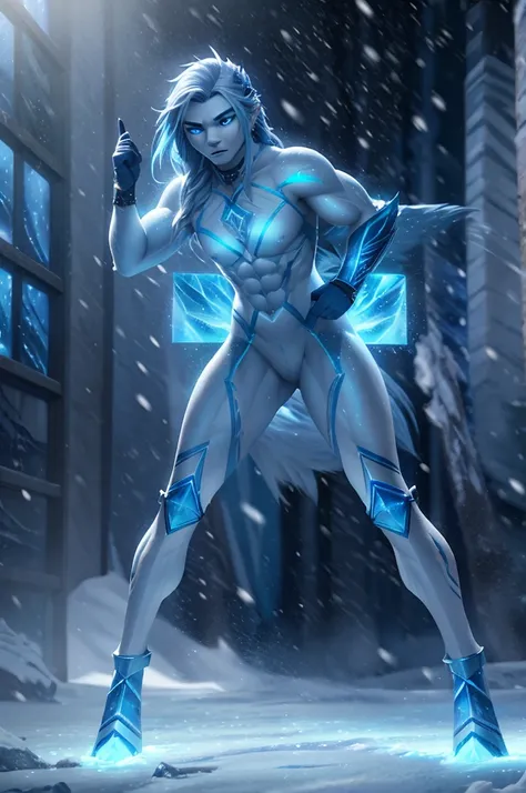 a powerful winter warrior, icy aura, chiseled physique, battle the elements, detailed muscular body, piercing eyes, snow-covered landscape, howling wind, snowflakes, dramatic lighting, cinematic composition, digital art, octane render, unreal engine, hyper...