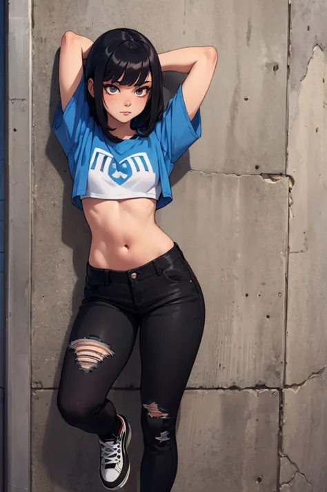 Girl with bangs, magriha, With arms back, posing embedded against the wall and showing off her sexy belly, wearing top,  ripped pants and sneakers all star . Several small tattoos on the body and belly
