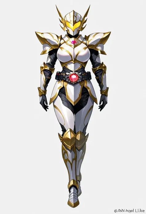 Top quality,  full body, standing, from front,looking at viewer, white background. no human features,An Angel-like female humanoid monster,large breasts,, perfect body,non-human features,no human face,holy armor, rider belt