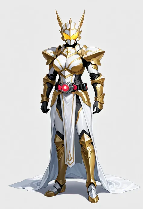 Top quality,  full body, standing, from front,looking at viewer, white background. no human features,An Angel-like female humanoid monster,large breasts,, perfect body,non-human features,no human face,holy armor, rider belt