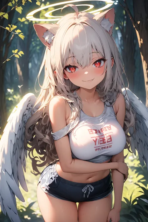 （ masterpiece：1.2， high quality），8k，high resolution，A fourteen-year-old girl ，sweet girl ，  white hair  ，beautiful breast,  long hair，bright red eyes， SPLIT PUPILS ， ahoge，Cat ears，  bad smile ， fang out，halo，she has White Angel Wings on her back，Wears a w...