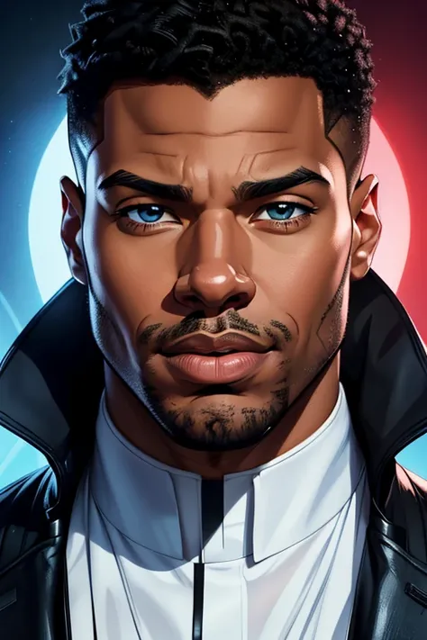 A handsome pleasant-faced and clean-shaven African American male. His facial features are a combo of Michael B. Jordan + Omari Hardwick. Comic-style realism animation mixed with digital painting. Polished and realistic effect. Emphasis on detailed expressi...