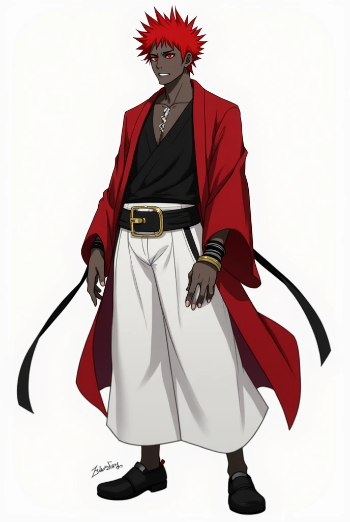 A black anime character without an eye,red spiked hair up,sleeveless red kimono with a black shirt underneath,black belt around the waist, wide white pants ,black shoes and black bracelets