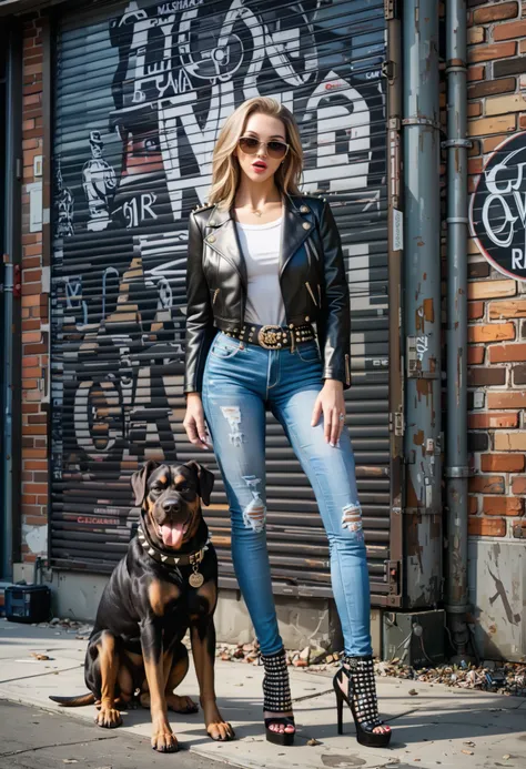 ((( best proportions 、 Height、 long legs、The best beautiful girl、（A white 20-year-old with a tall nose and a big mouth）、 Long Light Brown Hair )))、(( sunglasses、 leather riders jacket 、Bad attitude、Tight denim、Distressed denim、Studded belt、 black high heel...