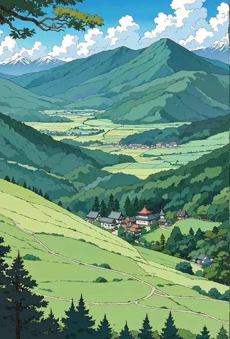  (Highest quality)(Super detailed), masterpiece, high completion,(simple colouring, line art, ghibli, ghibli scene, ghibli art style:1.2),High angle, view from high, mountain, mountain ridge, mountain in the distance, mountain with branches,