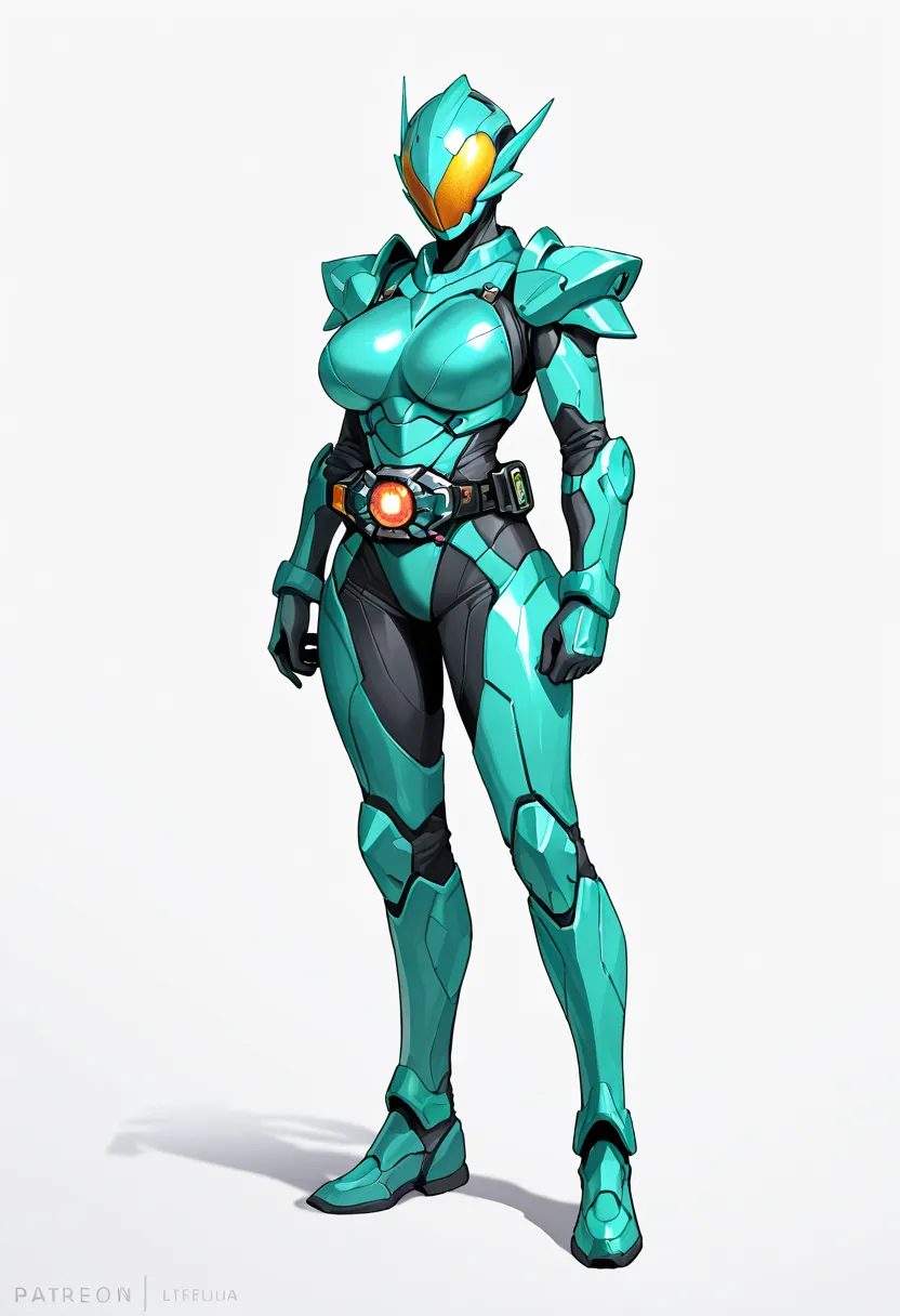 Top quality,  full body, standing, from front,looking at viewer, white background. no human features,A water-like female humanoid monster,large breasts,, perfect body,non-human features,no human face,aqua armor, rider belt