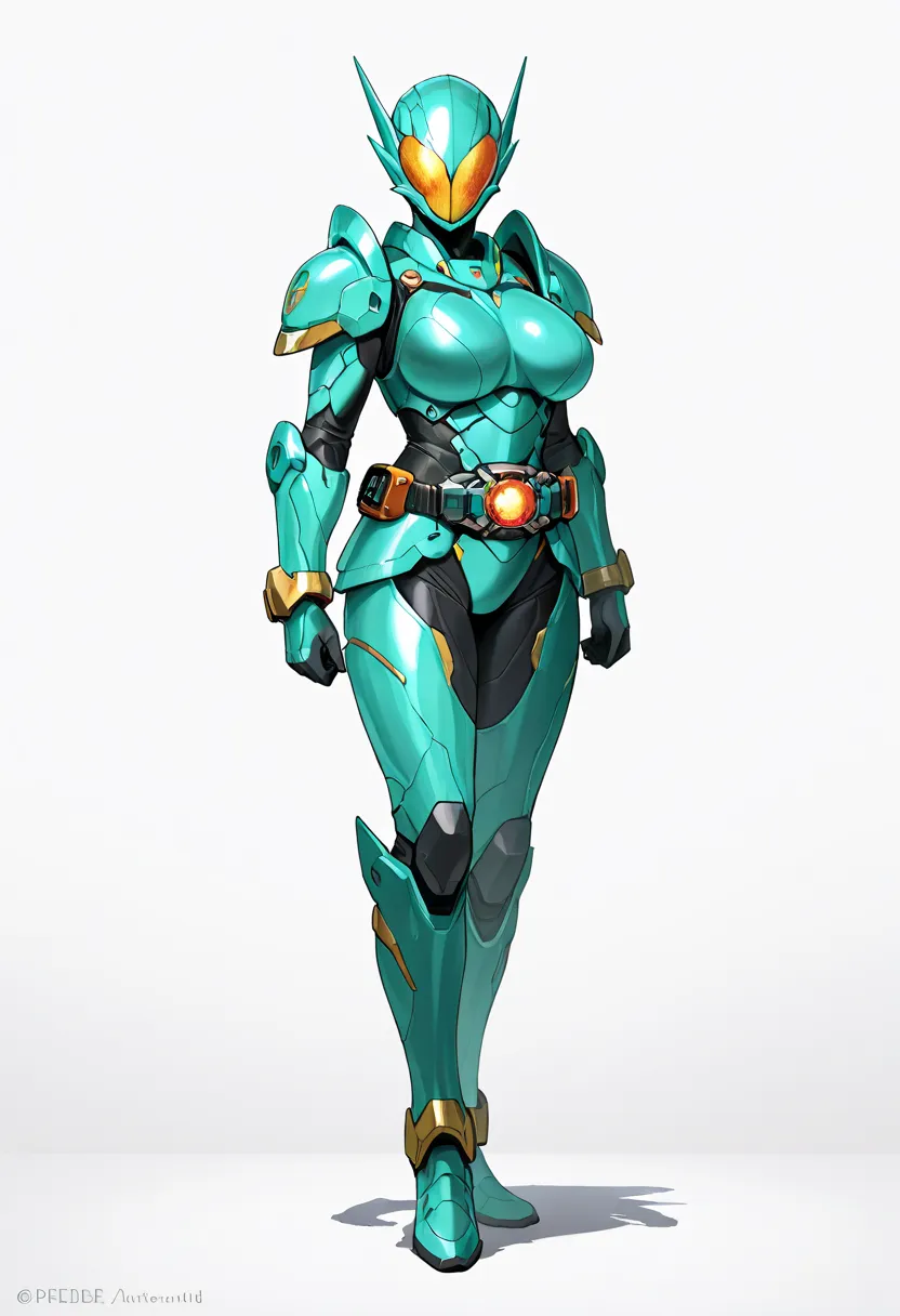 Top quality,  full body, standing, from front,looking at viewer, white background. no human features,A water-like female humanoid monster,large breasts,, perfect body,non-human features,no human face,aqua armor, rider belt