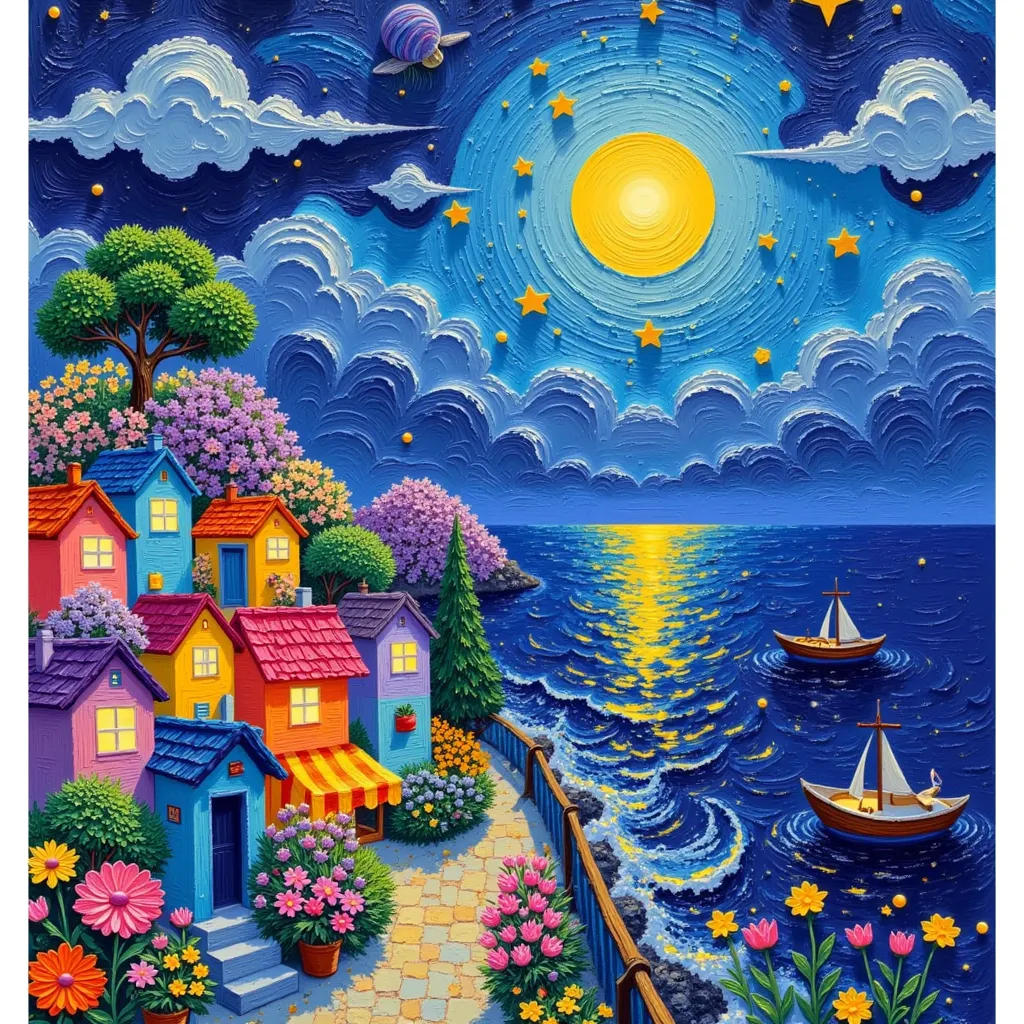 Thick-coated oil paint，Texture，Color texture painting，石膏Texture，Beautiful seaside town， night view。 bright color 